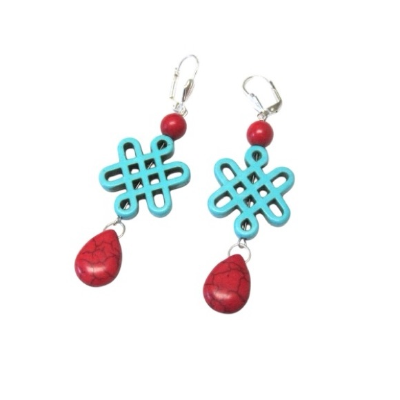 Endless Knot Turquoise Blue Red Earrings Chandelier Infinity Buffalo Stone - Picture 3 of 4